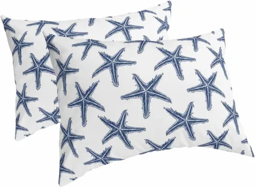 Vista 2 de Juego de 2 fundas de almohada de microfibra azul marino con estrellas de mar de playa tamaño estándar, fundas de almohada lumbares decorativas