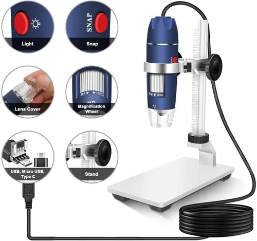 Vista 8 de Jiusion 40-1000X - Cámara de microscopio digital USB, 8 unidades LED con adaptador de soporte profesional, compatible con Mac Windows XP 7 8 10 11