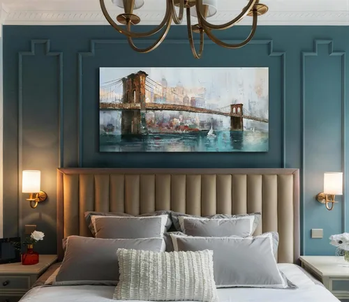 Vista 4 de Acocifi Nueva York Puente de Brooklyn Arte de Pared para Sala de Estar Paisaje Urbano Abstracto Imagen de Horizonte Pintura en Lienzo Grande Obra