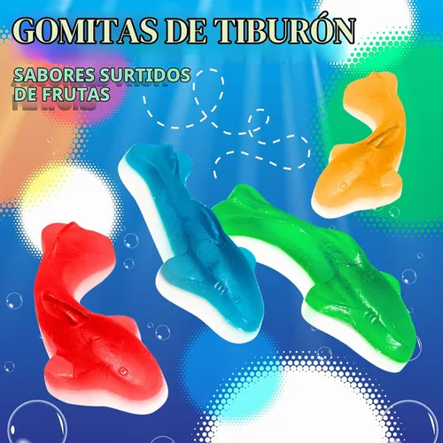 Vista 5 de Dulces de Tiburones Gomosos Bolsa de 1 libra Sabores Surtidos - Frambuesa Azul, Limón, Lima, Cereza
