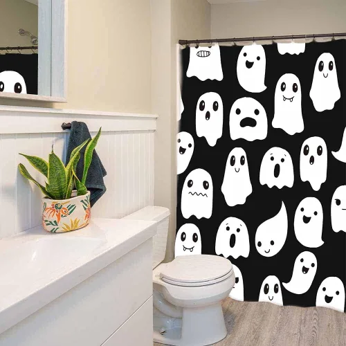 Vista 4 de Cortina de ducha fantasma de Halloween de 72 x 72 pulgadas, espeluznante y divertida, iconos de fantasmas de dibujos animados, tela blanca y negra, 1