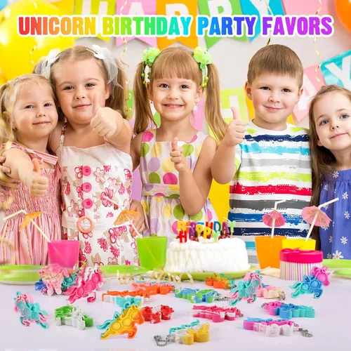 Vista 4 de Recuerdos de fiesta de unicornio para niños, bolsas de regalo, juguetes para ansiedad a granel, paquete de 32 juguetes de unicornio, rellenos