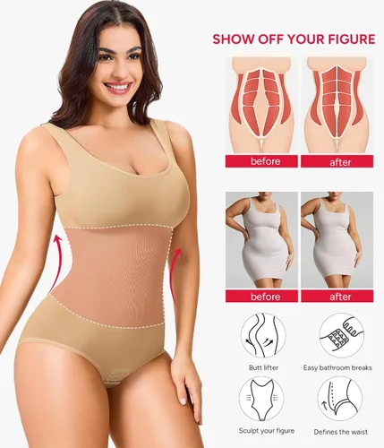 Vista 4 de Nebility Body moldeador de cintura sin costuras con cuello redondo y control de abdomen para mujer