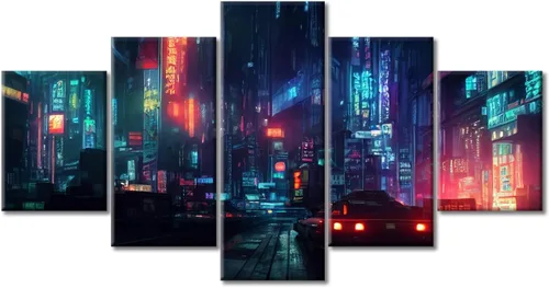 Vista 34 de Cuadros de 5 paneles de Cyberpunk City, arte de pared, representación de vallas publicitarias, edificios modernos en la capital con obras de arte