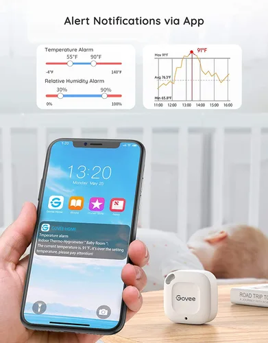 Vista 2 de Govee Termómetro higrómetro Bluetooth, termómetro inalámbrico, mini sensor de humedad con alerta de notificación, almacenamiento y exportación