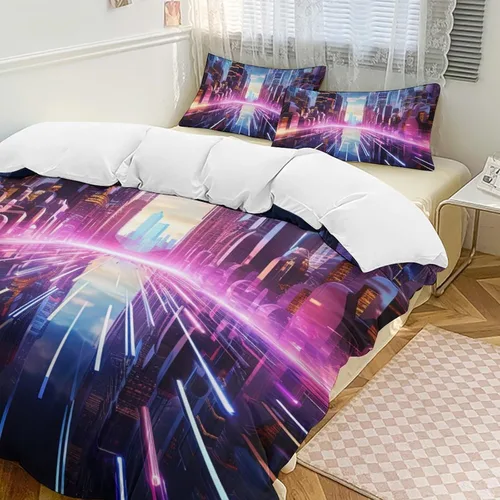 Vista 13 de Art Duvet Cover Full Size, Ultra Soft Microfiber Night Scenery Bedding Set, 3 Pieces City View Pattern Comforter Cover Set with Zipper Closure