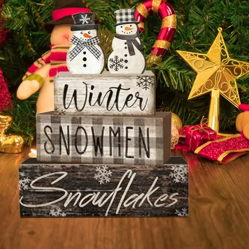 Vista 7 de 4 piezas de decoraciones navideñas para interiores - Decoración de mesa de muñeco de nieve de invierno de madera para el hogar - Centro de mesa