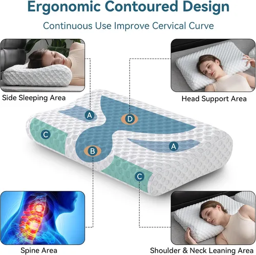 Vista 2 de Hcore Almohada ortopédica cervical cervical de espuma viscoelástica para dormir de lado, espalda, estómago, almohada ergonómica para el dolor