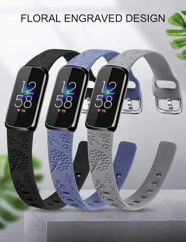 Vista 2 de Paquete de 3 correas compatibles con Fitbit Luxe para mujer, de silicona suave, con grabado floral, correa deportiva de diente de león, repuesto