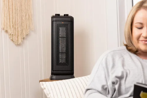 Vista 6 de Comfort Zone Calentador eléctrico oscilante de cerámica de minitorre, termostato ajustable, ajuste solo por ventilador, interruptor de inclinación