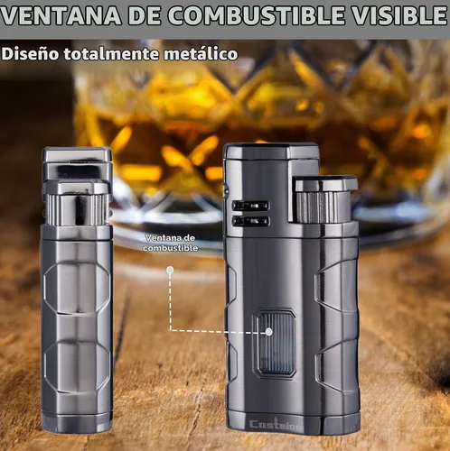 Vista 5 de Castelar Encendedor de cigarrillos de triple llama resistente al viento, recargable de butano con soporte de apoyo, butano no incluido