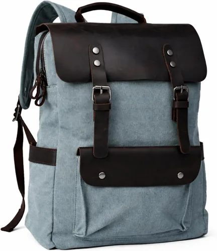 Vista 9 de Mochila de lona vintage con cuero de vaca de grano superior, bolsa de trabajo para portátiles de 16 pulgadas, Verde militar, Mochilas de viaje