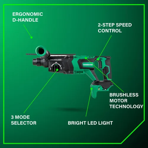 Vista 5 de Metabo HPT Martillo giratorio sin escobillas MultiVolt™ SDS Plus de 36 V con mango en D de 1-1/8 pulgadas, solo cuerpo de herramienta de martillo