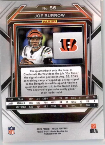 Vista 2 de 2022 Panini Prizm #56 Joe Burrow Cincinnati Bengals NFL Football Trading Card
