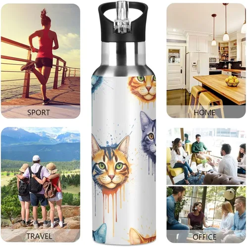 Vista 5 de Insulated Stainless Steel Water Bottle with Straw 32 Oz, BPA-Free Sport Water Bottle for Gym Outdoor Travel School, Colorful Cats Tie Dye