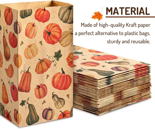 Vista 3 de Whaline 48 bolsas planas de otoño para golosinas, papel kraft, calabazas, hojas de arce, girasoles, nueces, bolsa de regalo para regalos de fiesta