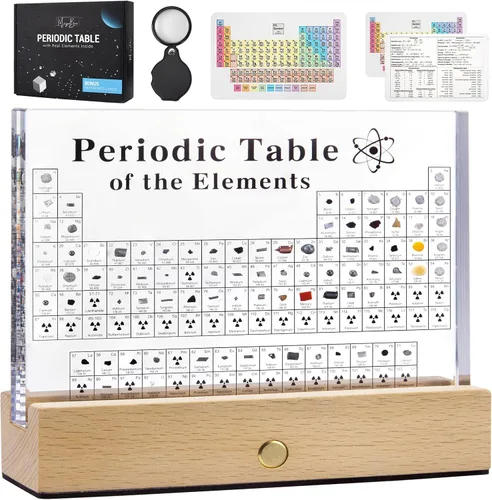 Vista 9 de MegaBox Tabla Periódica de Elementos con 83 Elementos Reales, Exhibición de Tabla Periódica de Acrílico con Soporte de Madera, 6 Tarjetas
