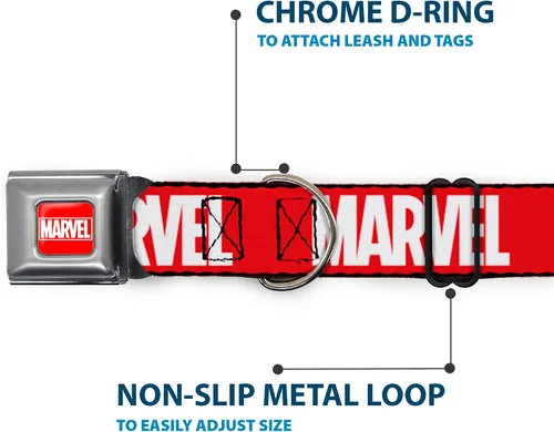 Vista 5 de Buckle-Down Collar de perro hebilla de cinturón de seguridad Marvel Red Brick Logo Rojo Blanco 9 a 15 pulgadas 1.0 pulgadas de ancho, multicolor