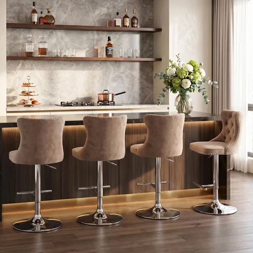 Vista 92 de SoarFlash Juego de 2 taburetes de bar tapizados de terciopelo moderno con patas de madera, botones acolchados, cabeza de clavo cromada, asiento
