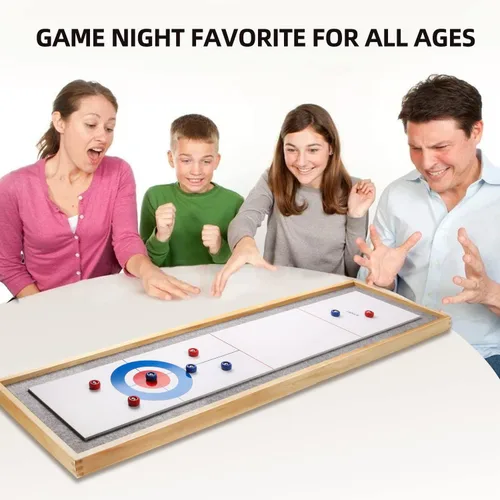 Vista 6 de GSE Games & Sports Expert Juego de mesa de Shuffleboard y Curling de madera maciza 2 en 1 con 8 rodillos para familia y amigos