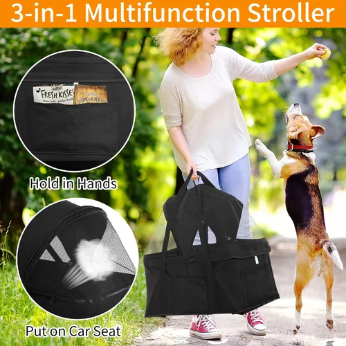 Vista 4 de BLKMTY Cochecito plegable 3 en 1 para mascotas, con 4 ruedas, con cesta de almacenamiento, con interruptor de un botón, cochecitos de viaje