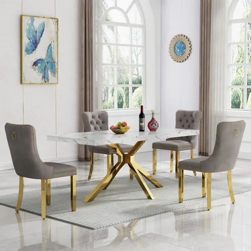 Vista 21 de HomVent - Juego de mesa de comedor de mármol sintético de 68 pulgadas con 4 sillas de terciopelo para cocina Modern Rectangular Faux Marble