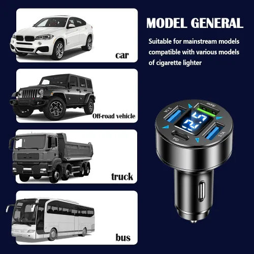 Vista 7 de Cargador rápido de coche de 4 puertos con salida de enchufe, voltímetro LED, PD3.1, súper puerto, accesorio USB universal para encendedor