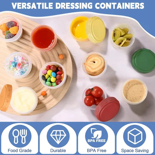 Vista 2 de Yomarket 6 piezas 2 oz Recipiente de aderezo de ensalada, recipientes de condimentos reutilizables con tapas a prueba de fugas, pequeños recipientes