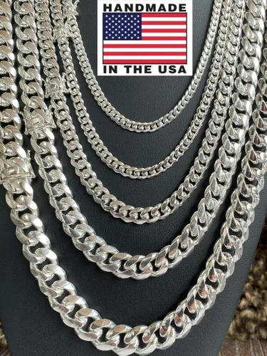 Vista 2 de Cadena o pulsera de eslabones cubanos Miami de plata de ley 925 maciza, para hombre real, 0.197-0.551 in, 7-30 pulgadas, hecha a mano en Estados