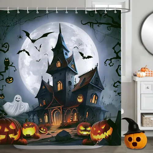 Vista 2 de Bonhause Cortina de ducha de Halloween, castillo espeluznante, fantasma, calabaza, farol, murciélago, luna llena, cortina de baño de 72 x 72