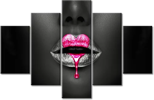 Vista 13 de Póster abstracto de labios de niña, cuadros dorados sobre lienzo, arte de pared, hermosos pósteres e impresiones en lienzo de 5 piezas, arte