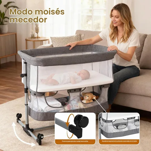 Vista 6 de Moisés para bebé, cuna mecedora 3 en 1, moisés de noche para bebé con mosquitera, lados de malla completa, 5 alturas ajustables, cuna estable