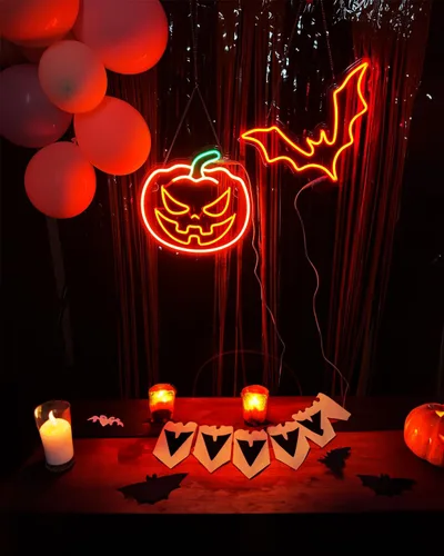 Vista 4 de Letrero de neón de calabaza de Halloween, 13 x 12.5 pulgadas, con regulador de intensidad LED para decoración de Halloween, bonita decoración
