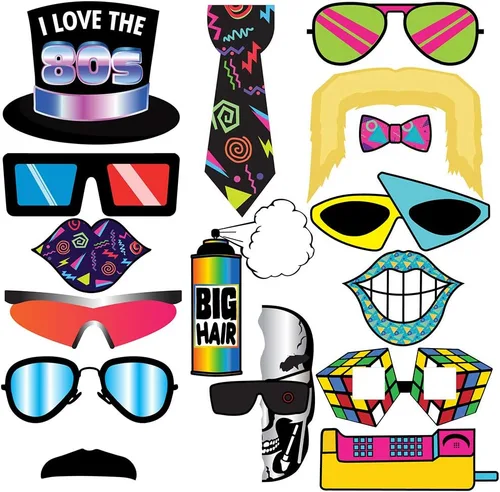 Vista 5 de Accesorios retro para cabina de fotos de los años 80, 37 piezas, suministros divertidos para fiestas temáticas de los años 80, decoraciones y regalos