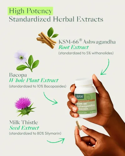 Vista 7 de Suplementos de Ashwagandha para mujeres y hombres - KSM-66 con bacopa y cardo mariano, 60 cápsulas veganas - Alivio del estrés, estado de ánimo