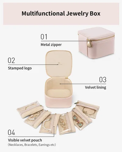 Vista 5 de Vlando Joyero pequeño de viaje, piel sintética, 6 bolsas de terciopelo con cremallera para mujeres y niñas, regalo del día de San Valentín