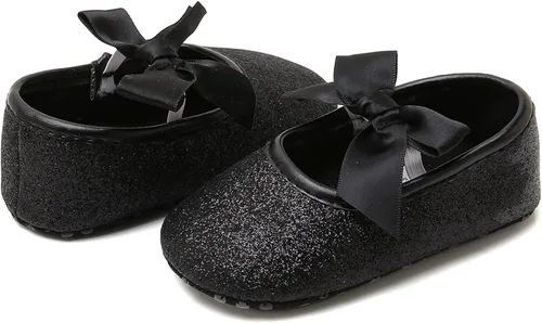 Vista 6 de myppgg Mary Jane - Zapatos planos brillantes con lazo y lazo de princesa, zapatos de cuna antideslizantes para niños pequeños que caminan