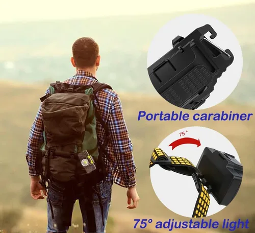 Vista 6 de Linterna frontal recargable, lámpara de cabeza brillante, sensor de movimiento para exteriores, 5 modos de zoom multifunción con mosquetón, linterna