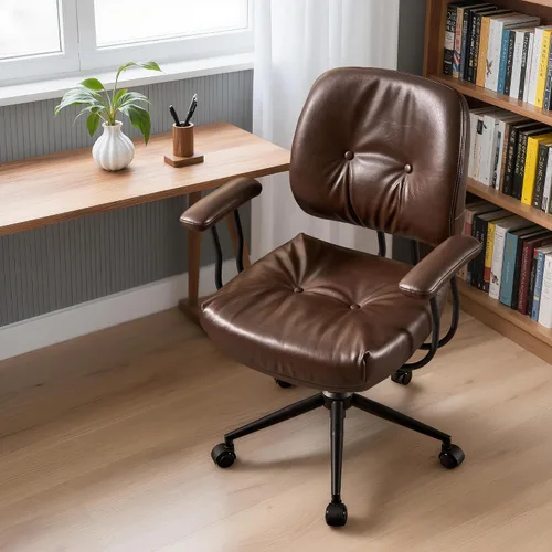 Vista 12 de Silla de oficina Mid Century Modren, silla ejecutiva giratoria con soporte lumbar, silla de escritorio ergonómica de respaldo medio con ruedas Beige