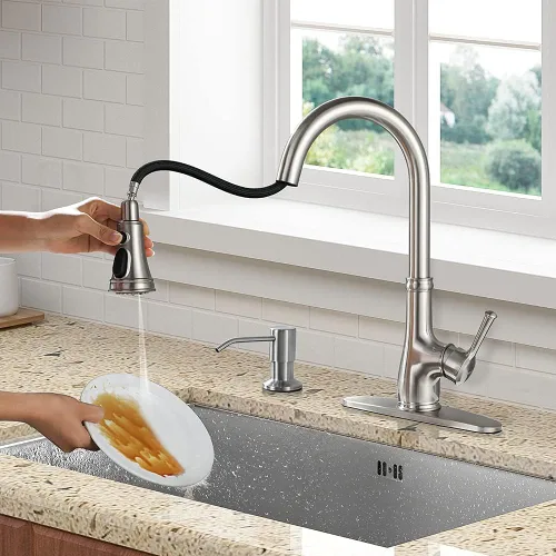 Vista 3 de Kitchen Faucet-WEWE - Grifo de fregadero de cocina con rociador extraíble de acero inoxidable de níquel cepillado con dispensador de jabón integrado