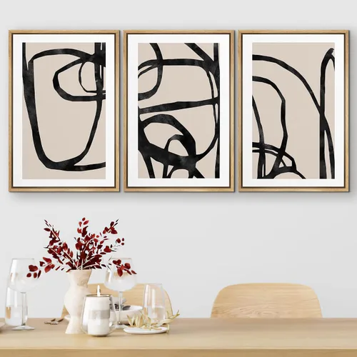 Vista 448 de SIGNFORD - Set de obras de arte en lienzo enmarcado para pared, ilustraciones abstractas de neblina del desierto en tonos neutros beige y marrón