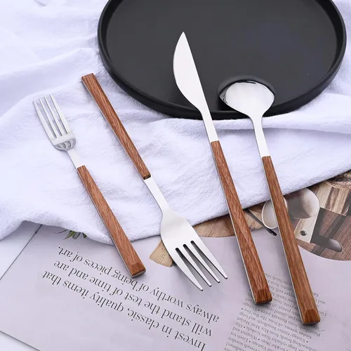 Vista 8 de Juego de cubiertos para 4 cubiertos de acero inoxidable de 16 piezas, juego de utensilios de cocina con mango de efecto de madera, incluye cuchara