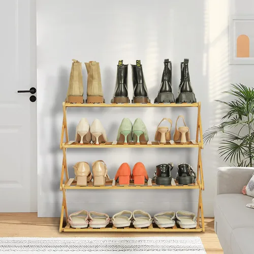 Vista 4 de Magshion Estante organizador de zapatos plegable de bambú de 4 niveles, 16 pares, estante de zapatos de pie, estante ajustable para almacenamiento