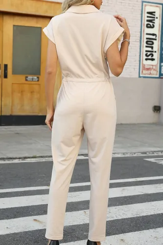 Vista 5 de Bellivera Overol casual de manga corta para mujer, con cordón, elegante, con botones, pantalón largo de una pieza