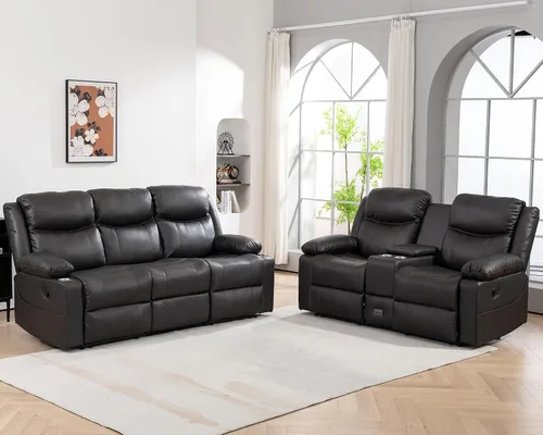 Vista 9 de Sofá reclinable de dos plazas con consola, color azul Manual Recliner Loveseat with Phone Holders, Storage Drawer, Cup Holders, Side Pockets, Dual