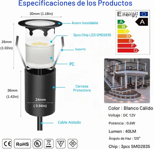 Vista 3 de Luces de cubierta con fotocélula y carcasa protectora Φ1.18 Blanco cálido