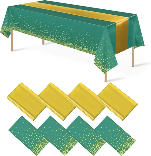 Vista 13 de 8 paquetes de manteles de plástico desechables y juego de camino de mesa de satén negro con dorado, mantel de satén dorado para graduación, boda