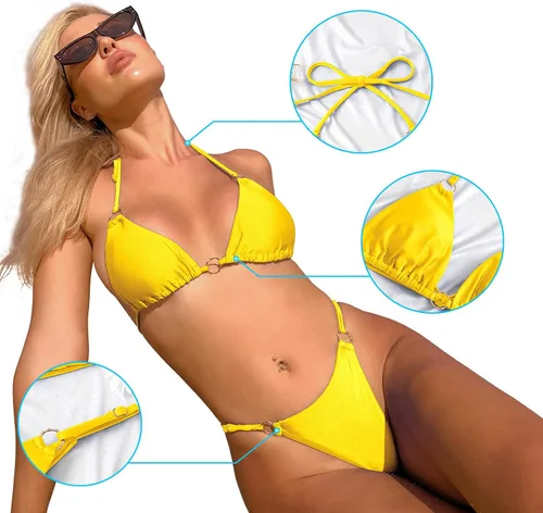 Vista 5 de Bikini sexy para mujer, 2 piezas, con tirantes delgados, color sólido, traje de baño triangular