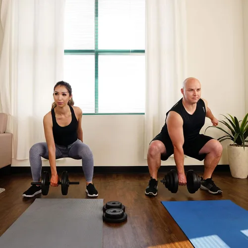 Vista 10 de Sunny Health & Fitness Juego de mancuernas de vinilo para ejercicio de 40 libras, pesas de mano para entrenamiento de fuerza, pérdida de peso, banco