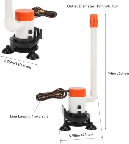 Vista 2 de Aramox Bomba aireadora Livewell Baitwell de 350 GPH de 12 V, sumergible, portátil, parte inferior, ventosa, kit de sistema de bomba de aireación